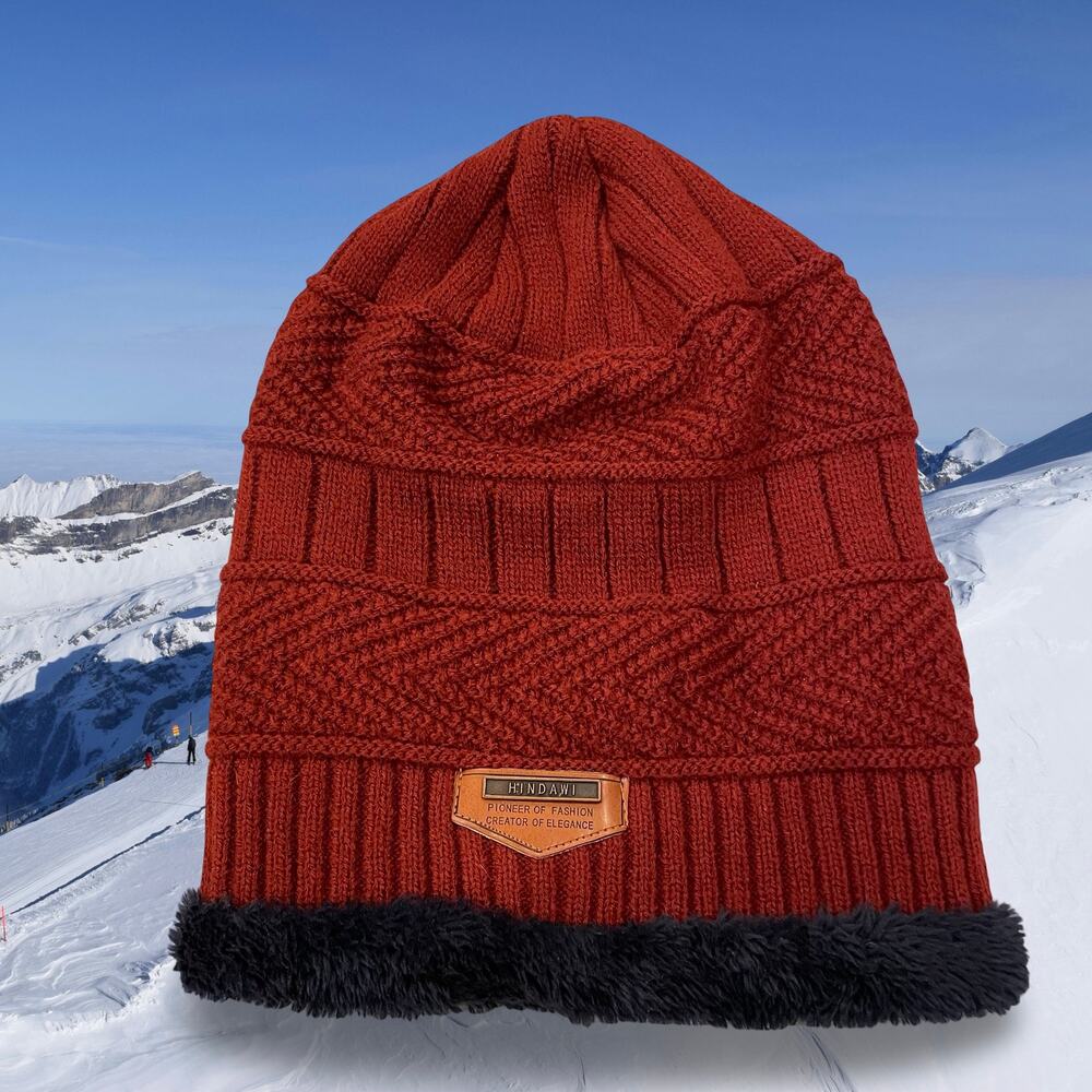 Hindawi Beanie Hat Unisex Burgundy Red Navy Faux Fur Lined Knit Winter Cap OSFM